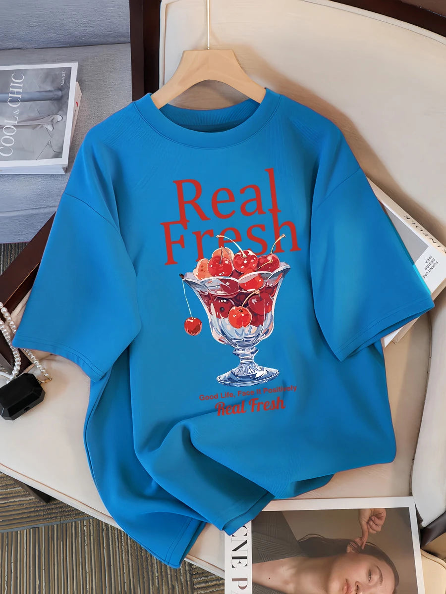 Real Fresh Cherry Fruit Cup Design Tee Shirts Female Comfortable Cotton T Shirt Fashion Casual Clothes Soft Street Short Sleeve