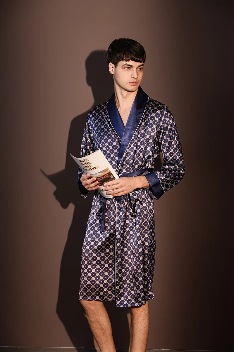 Pajama Men's Robe Kimono Gown Bathrobe with Pockets Print Sleepwear Home Clothing Spring Autumn Satin Nightwear Loose Loungewear