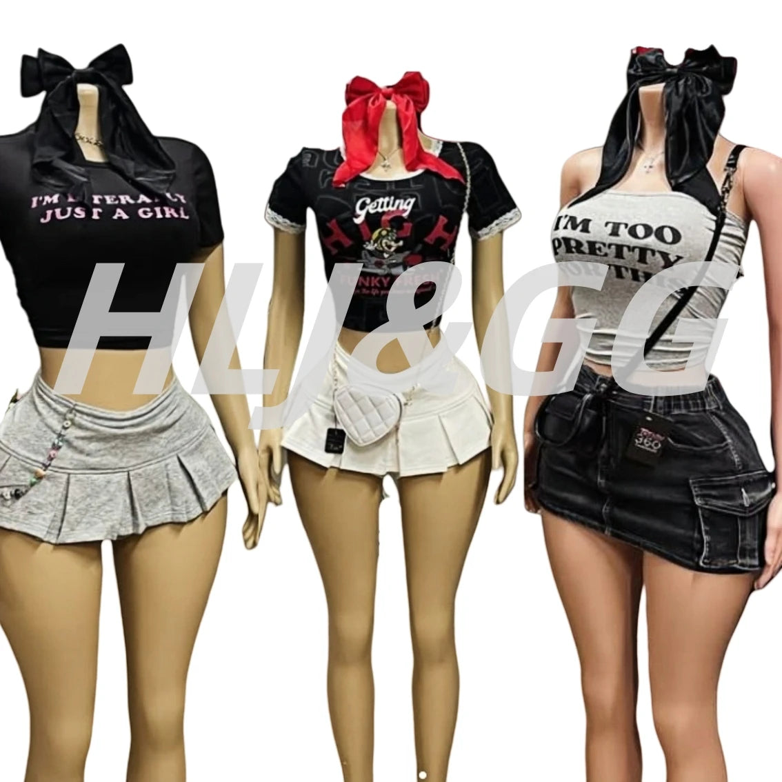 HLJ&GG Y2K Fashion Letter Print Two Piece Sets Women Round Neck Short Sleeve Slim Crop Top + Pleated Mini Skirts Outfits 2025