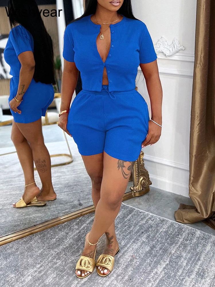 Casual Shirt Coats Tops and Shorts Two Piece Sets Fashion Short Sleeve Sports Streetwear Women Rib Hot Pants Outfits Sweat Suits