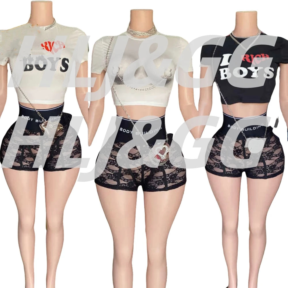 HLJ&GG Trendy Summer New Letter Printing Lace See Though Shorts Two Piece Sets Women Round Neck Slim Crop Top And Shorts Outfits