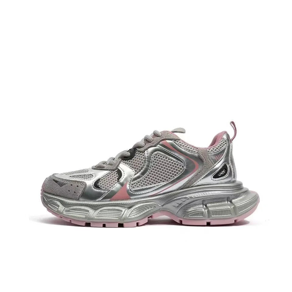 New Thick Soled Fashionable Dad Shoes, Women's Spring and Autumn New Versatile Casual Shoes, Silver Pink Sports Trendy Shoes