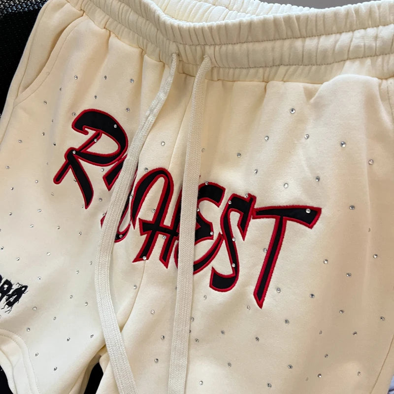 Diamond Patch Embroidered Letter Logo Casual Shorts Loose Drawstring Shortpants Jorts for Men Women