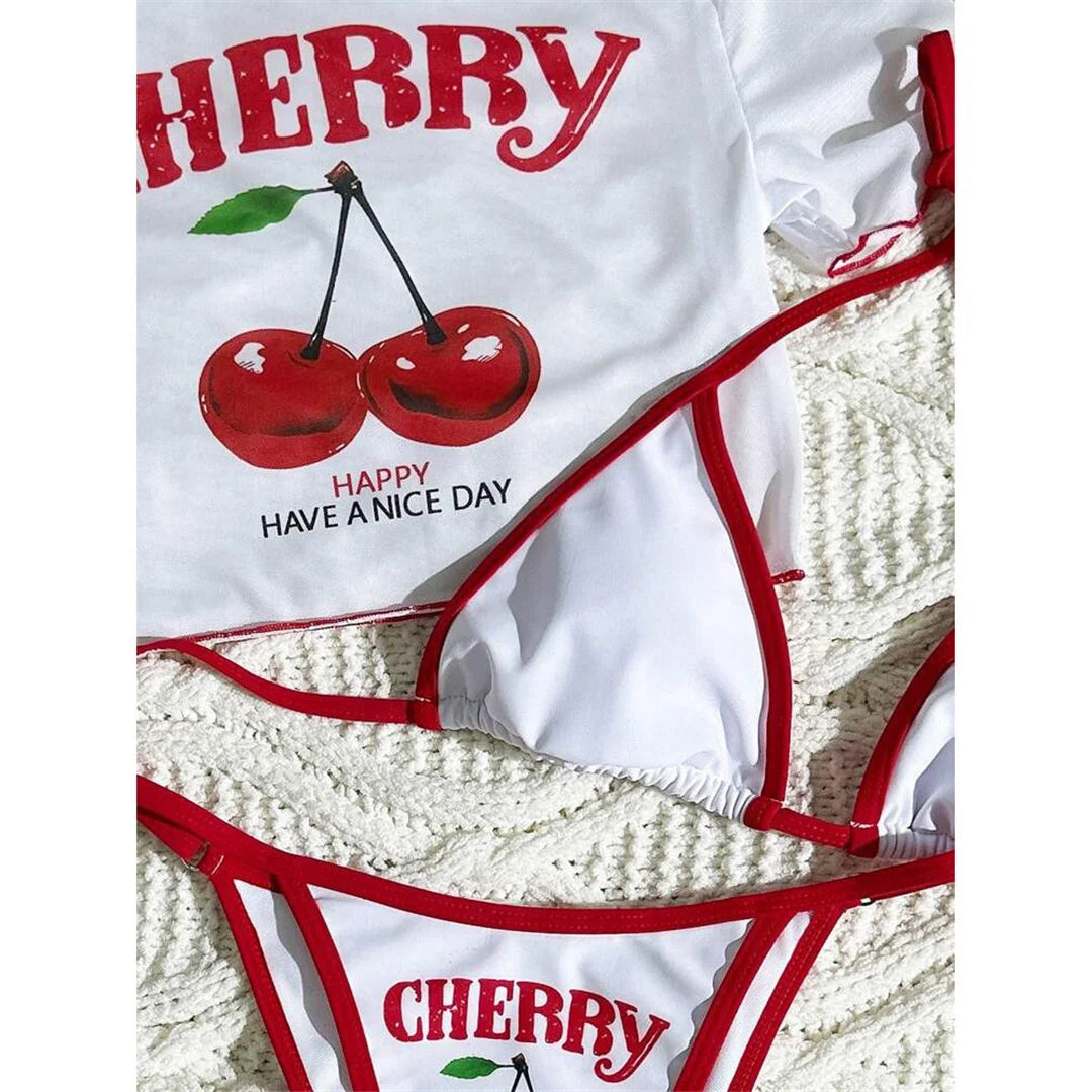 XS - L Cherry Printed Short Sleeve Bikini, Swimsuit,  Swimwear Three-pieces Bikini set Bather Bathing Suit Swim V6854