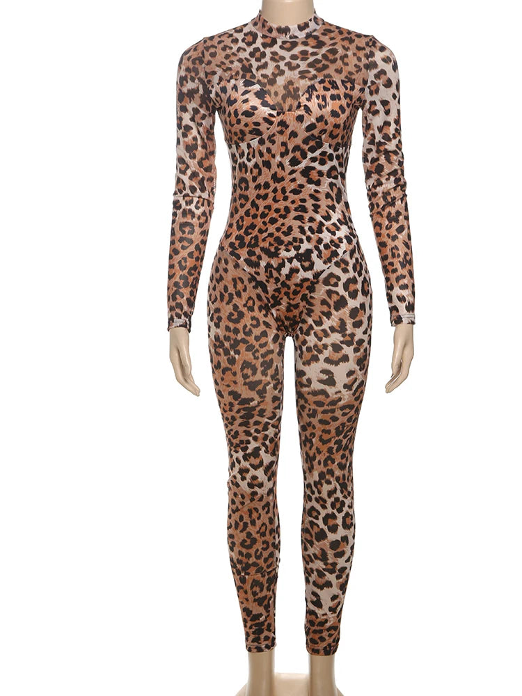 Weird Puss Leopard Print Jumpsuit Women Sexy See Through midnight full sleeve Hipster Fit Street Clubwear Party Workout Overalls