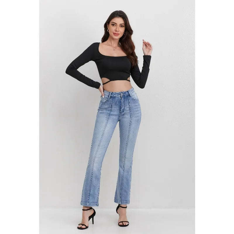 Women's High Waisted Light Blue Jeans with Panel Detail Flared Leg Fashionable Daily Wear Wide-leg jeans Stretch Straight Pants