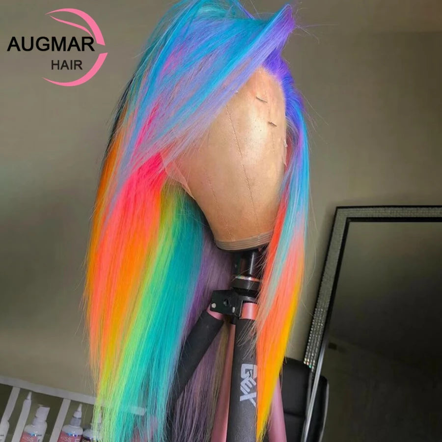 360 Rainbow Highlight Human Hair Wigs Transparent 13x6 HD Lace Frontal Wig Pink Purple Green Straight Lace Front Human Hair Wig