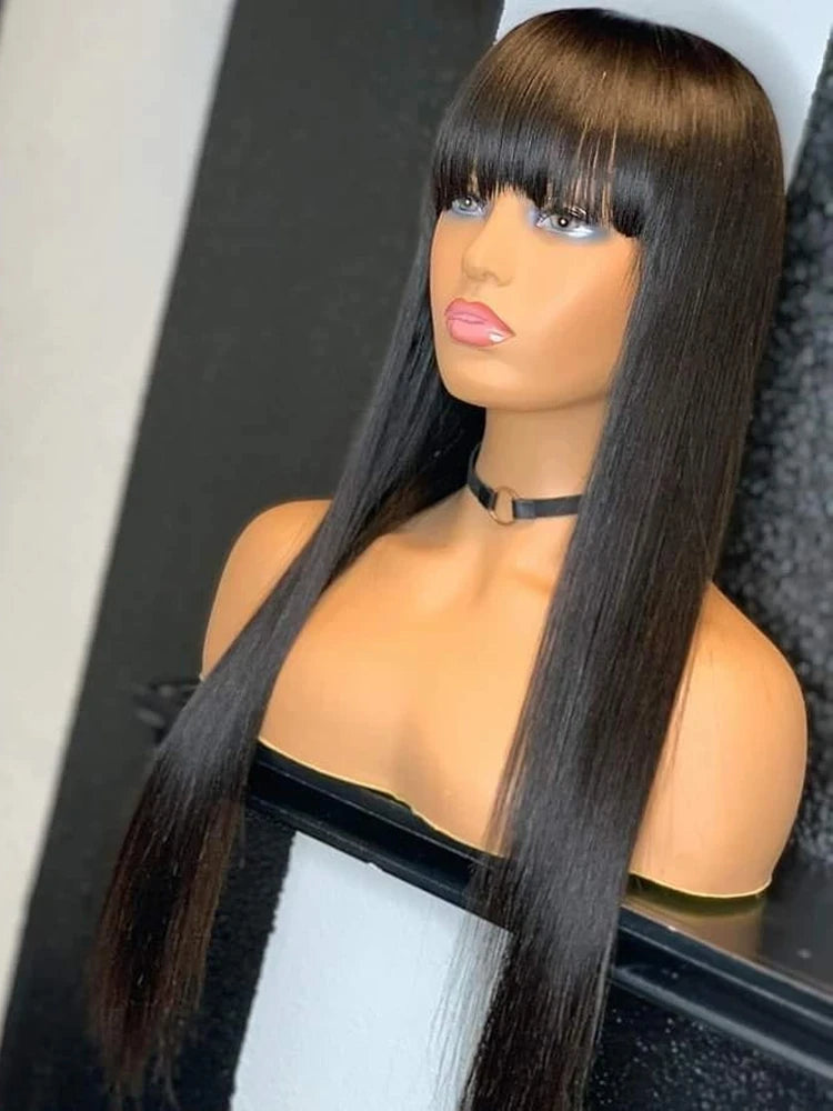 Straight Human Hair Wig With Bangs Fringe 3x1 HD Lace Frontal Wigs Bone Straight Glueless Front Wigs Human Hair Ready To Wear