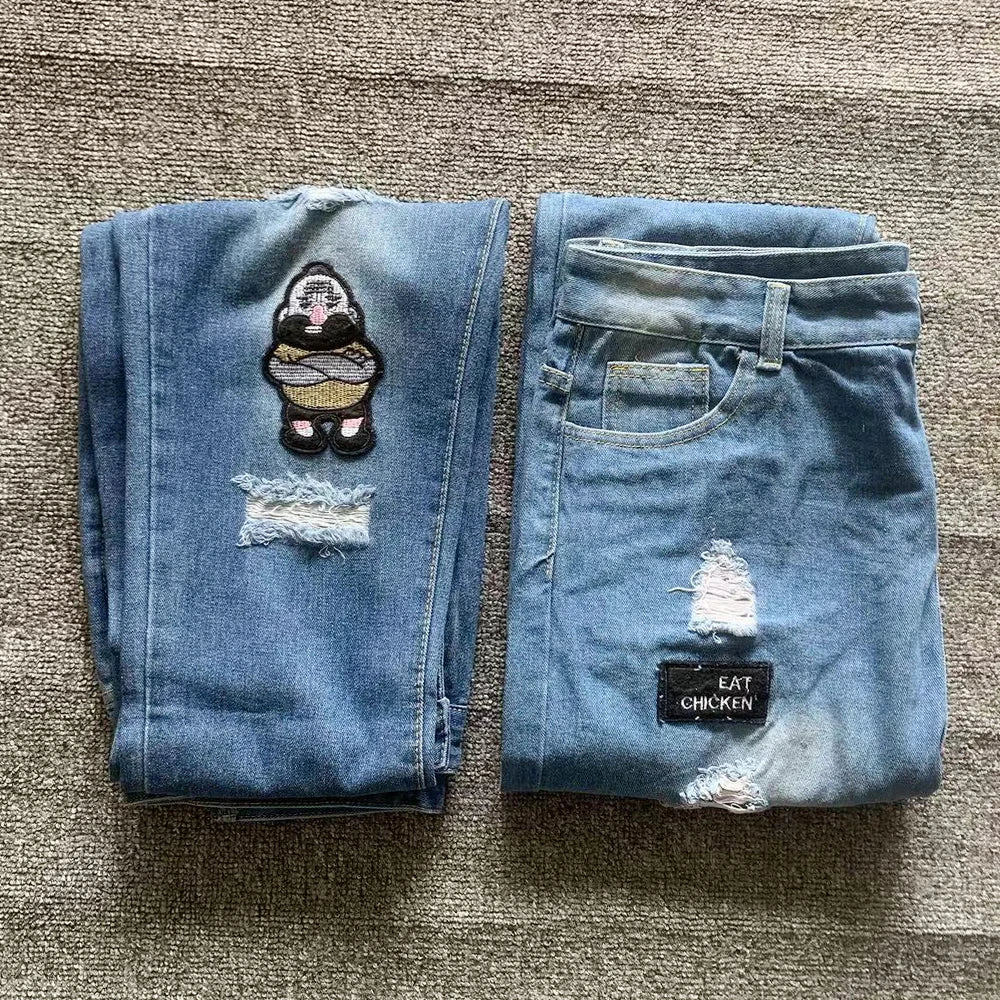 White Embroidery Skinny Ripped denim Men Cotton Stretchy Hole Slim Fit Hip Hop Denim Pants Casual Jeans for Men Jogging Trousers