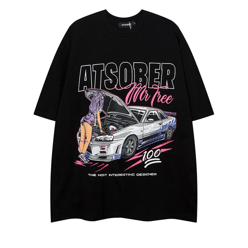 Gothic T-shirt Summer Oversized Racing Car Print Men Short Sleeved Unisex Casual Tee Streetwear O-neck Women Tops Clothing 2024