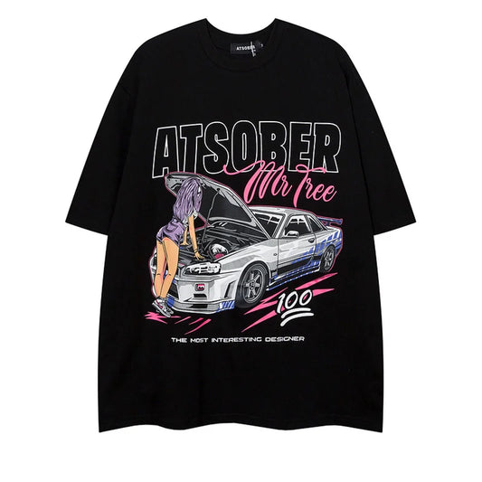 Gothic T-shirt Summer Oversized Racing Car Print Men Short Sleeved Unisex Casual Tee Streetwear O-neck Women Tops Clothing 2024