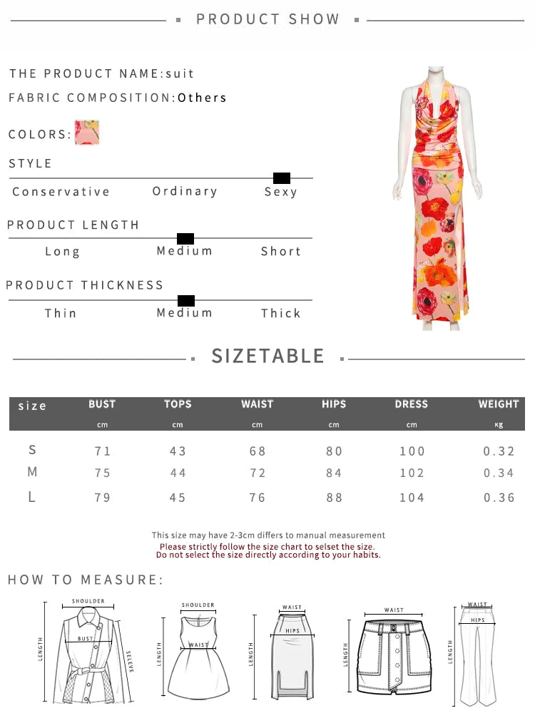 Weird Puss Floral Print 2 Piece Set Women Halter Low-Neck Backless Crop Tops+Skinny Splits Long Skirts Vacation Beach Style Suit