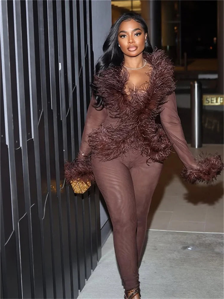 Weird Puss Sexy Fashion 2 Piece Set Women Fluff Patchwork Lace-Up Full Sleeve+Skinny Peach Hip Pants Club Coquett Trend Outfits