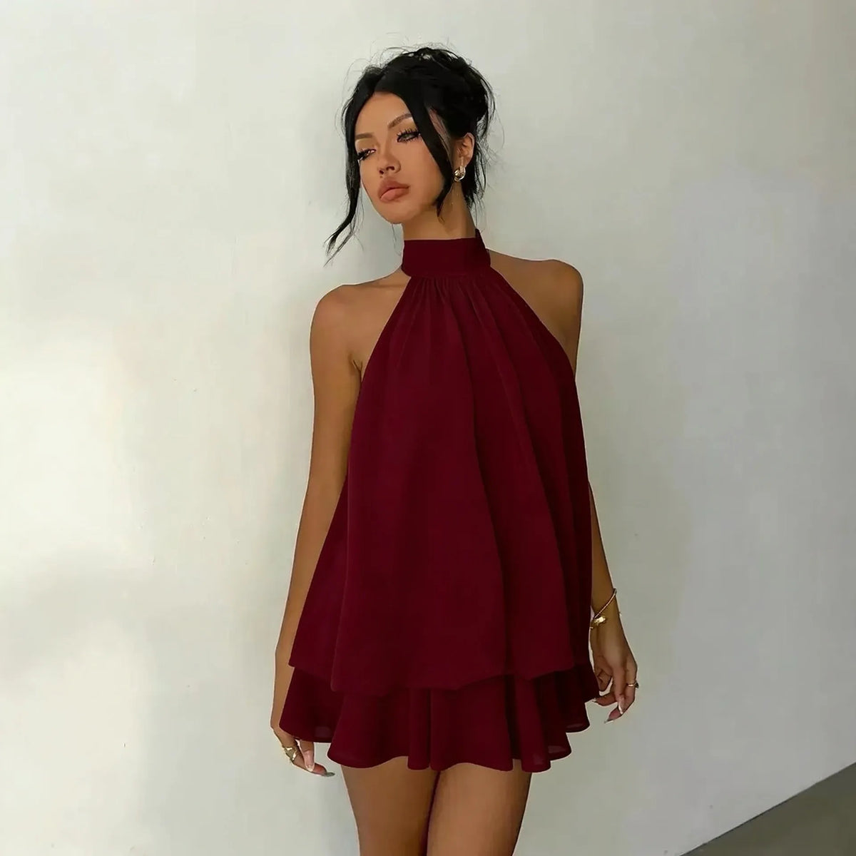 French Style Solid Color Women's Halter Neck Sleeveless Off Shoulder Backless A Line Mini Spicy Girl Beach Vacation Dresses