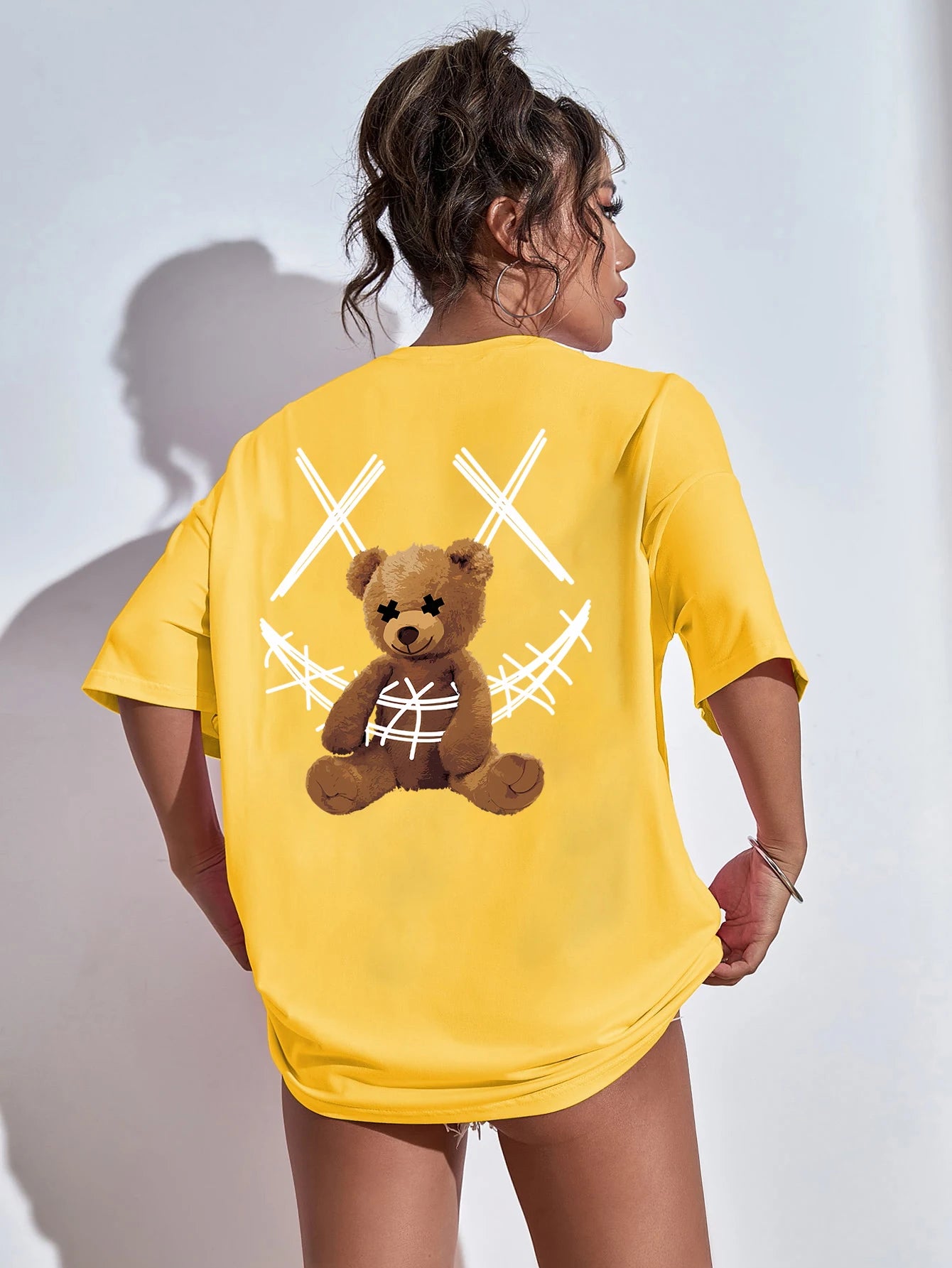 A Stuffed Bear Bound With A Bandage Print T-Shirts Female Casual Soft Tops Fashion Cool Tee Clothes Street Summer Short Sleeves