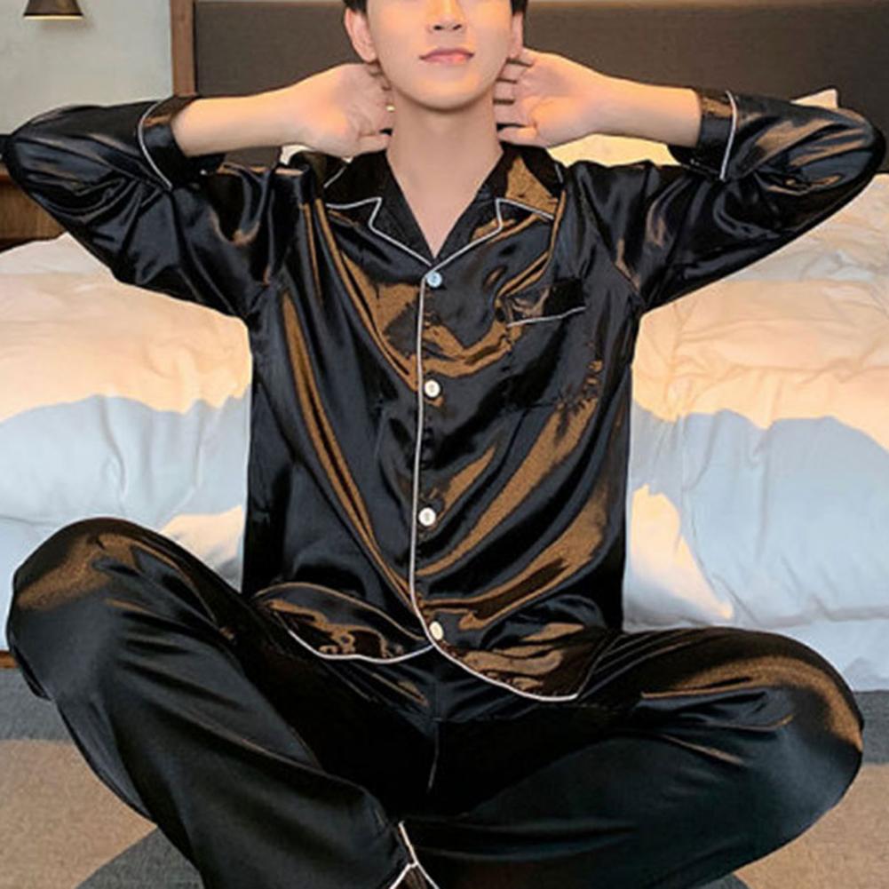 1 Set Men Sleepwear Solid Color Long Sleeved Single Breasted Home Wear Ice Silk Loose Plus Size Pajamas Set For Home
