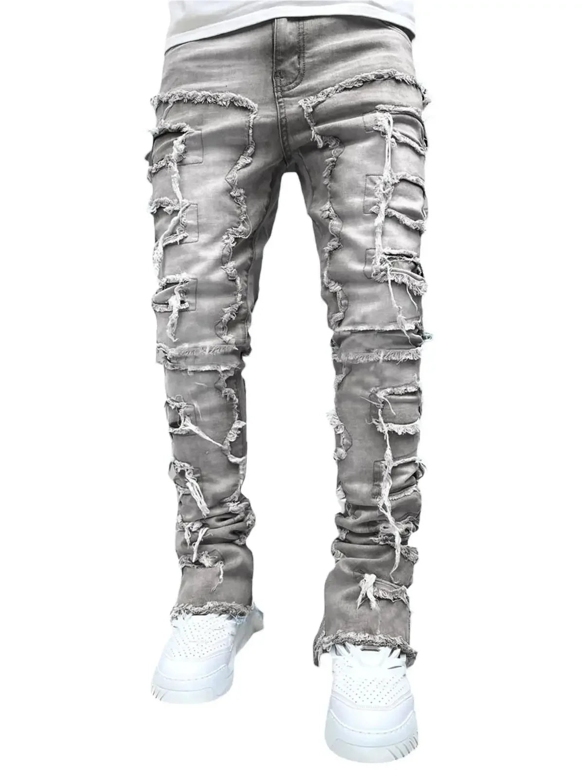 New Men's Fashion Jeans Work Pants, European and American Fashion Workwear Elastic Patchwork Denim Layered Flared Pants S-XXL