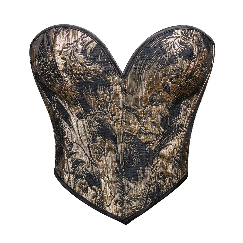 Sexy Women Overbust Corsets Crop Tops Golden Printed Bustiers Lace Up Body Shaper Lingerie Gothic Corselet