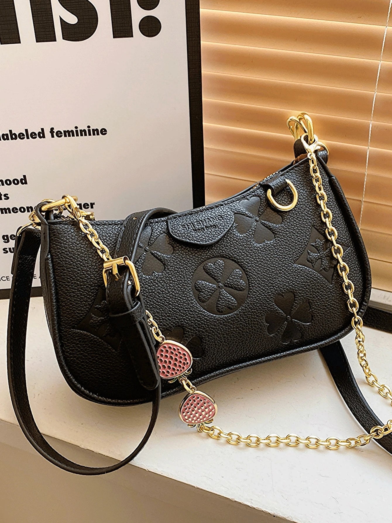 In 2024, the new fashion classic Joker body print pattern design metal chain decoration design underarm baguette bag is suitable