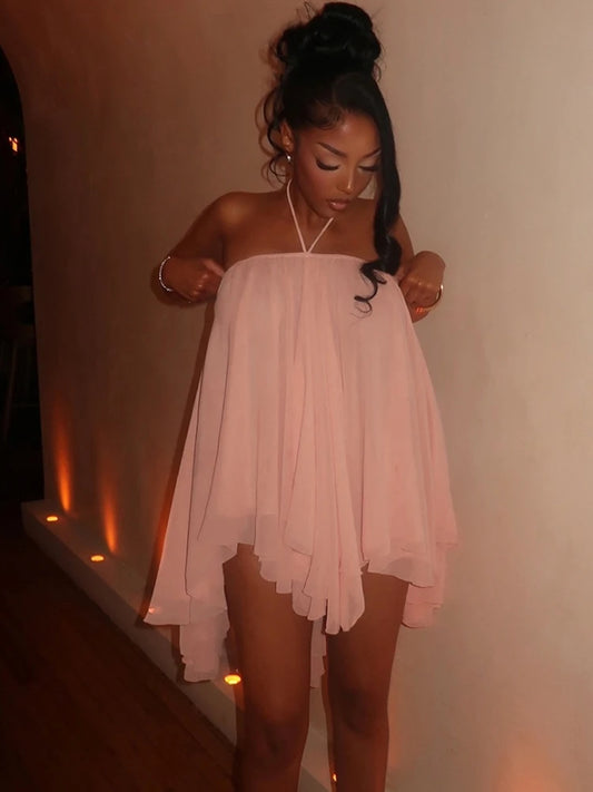 Weird Puss Halter Loose Dress Women Y2K Summer Sleeveless Backless Tiered Lrregular Hem Beach Vacation Sexy Trend Party Bodycon