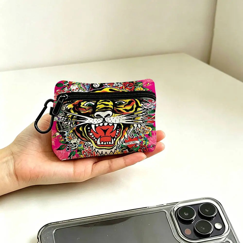 Fashion Brand E-Ed H-Hardy White Oxford Cloth Zipper Coin Purse Lightweight Hanging Key Pouch Card Holder For Daily Use