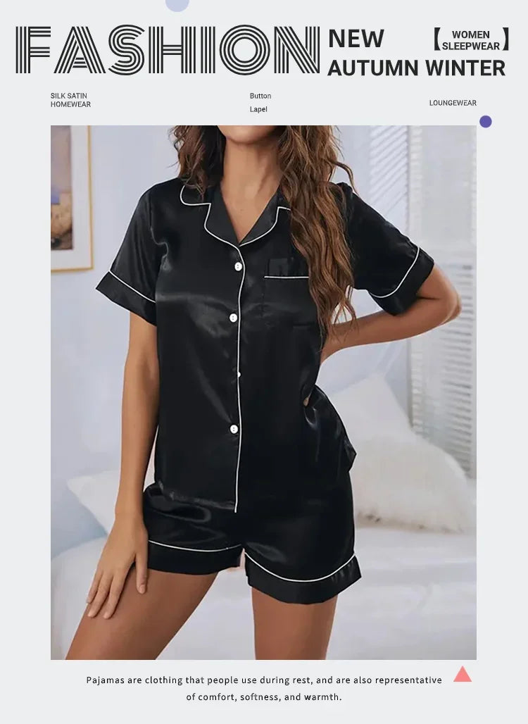 2026 Women Satin Pajamas Set 2-piece Pj Sets Sleepwear Loungewear Button-Down Pajama Women Pajamas Pijama Homewear Shorts Set