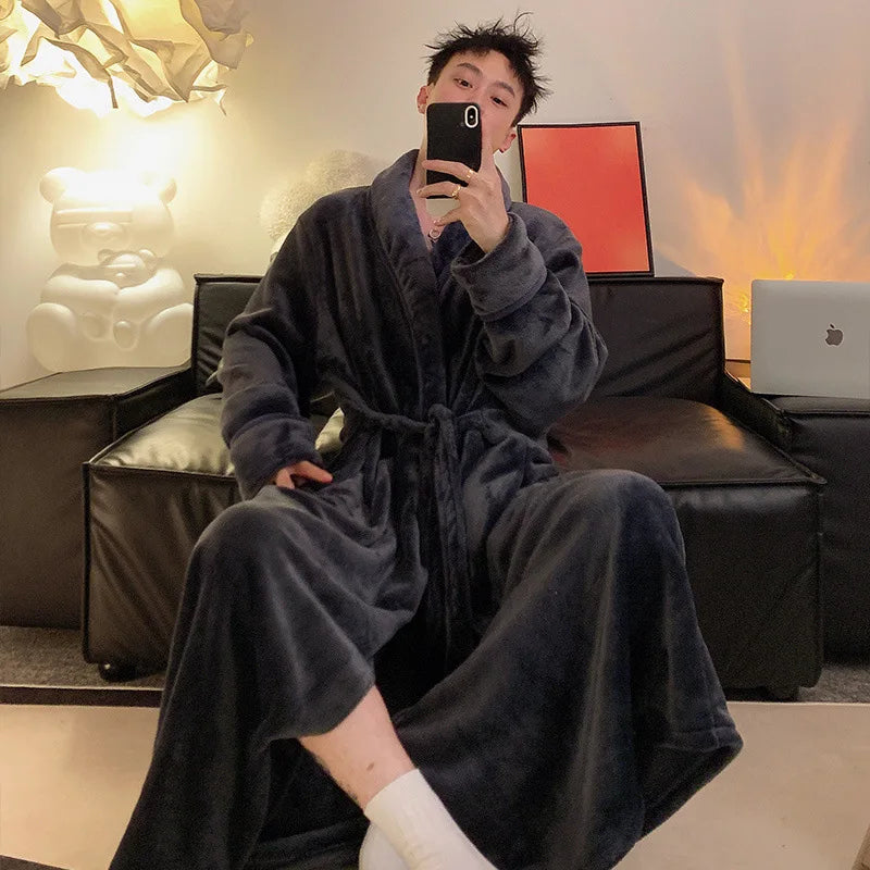 Large Size 150kg Men's Bathrobe Pajamas Winter Thickened Collar Fleece Long Hotel Nightgown Shawl  Sleepwear Long Spa Robe