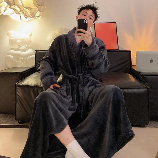 Large Size 150kg Men's Bathrobe Pajamas Winter Thickened Collar Fleece Long Hotel Nightgown Shawl  Sleepwear Long Spa Robe
