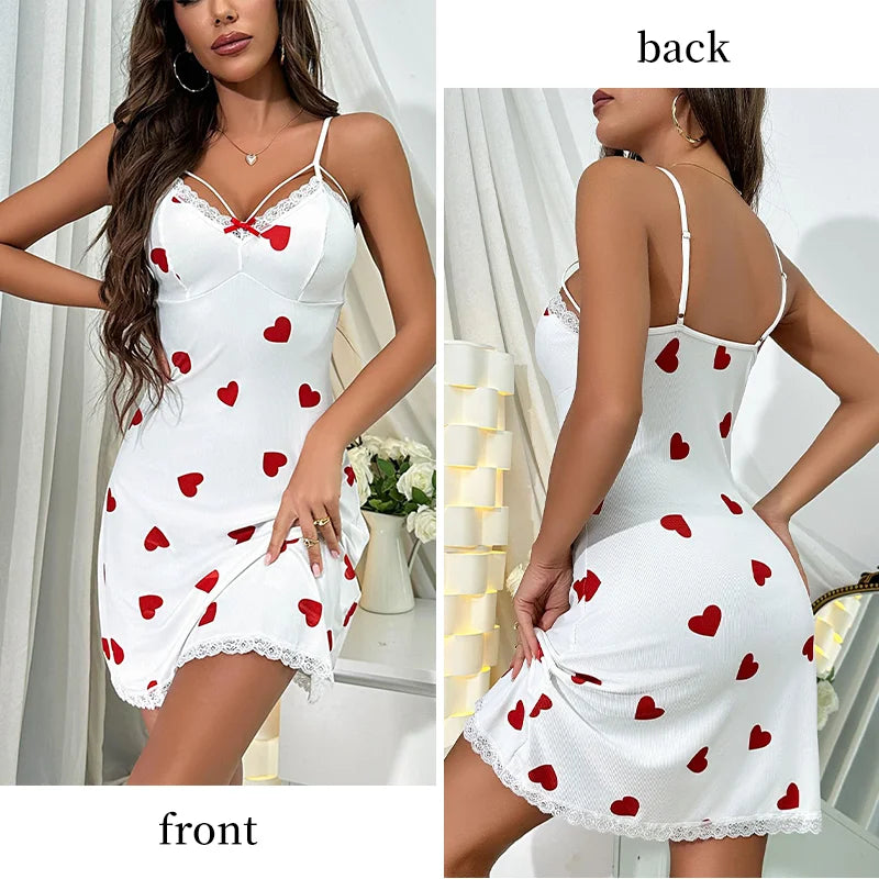 Sexy Lace Women's Nightdress Deep V Neck Love Print Lingerie Elegant Hollow out Sleepwear Knit Dress Homewear Lounge Pajamas