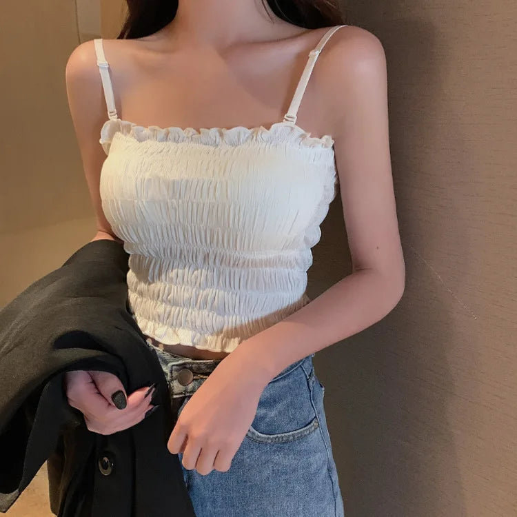 Camisoles Women Summer Pleated Fungus-line Adjusted-strap Sexy Solid Womens Korean Style Tank-tops Fashion Outwear Skinny Chic