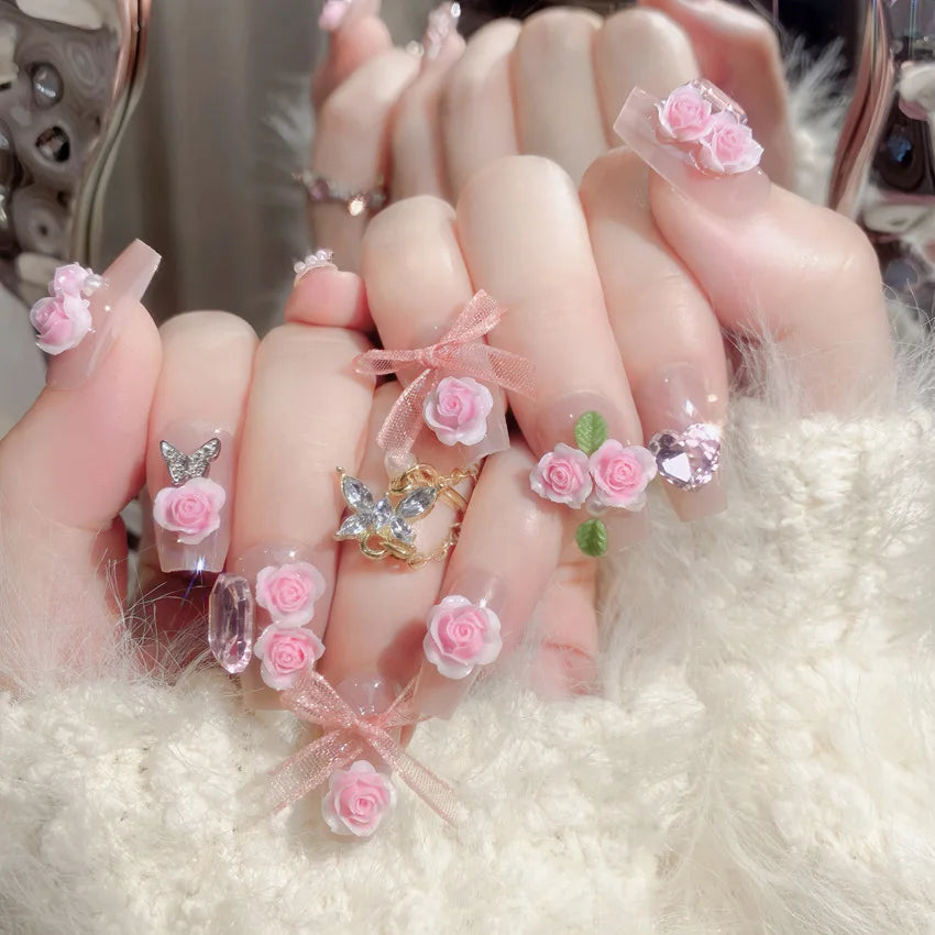 24pcs Heavy Metal Red Crystal Design False Nails 3D Gold Bow Pearl Decor Bride Fake Nail tips Full Cover Diamond Press on nails