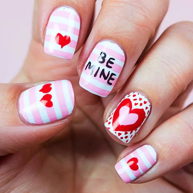 Y2K Girls Black French Fake Nails 24Pcs Short Square Press On Nails Pink Love Heart/Dot Printed Valentine's Day Charm Manicure