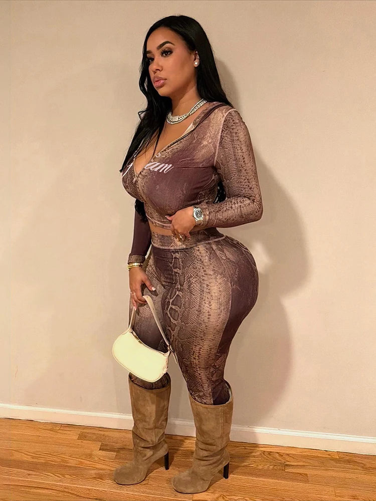 Snake Print Zip Jacket & Pants Set — Women's Tracksuit