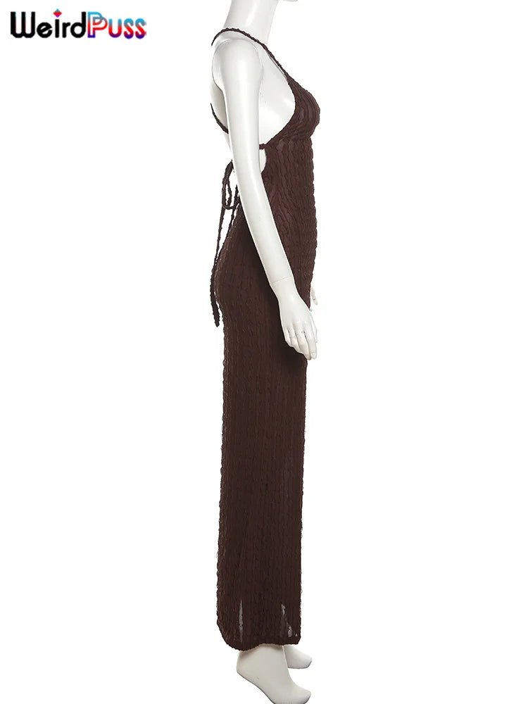 Weird Puss Backless Halter Dress Women Cross Bandage Sleeveless Sexy Elegant Skinny Stretch Wedding Party Maxi Bodycon Vestidos