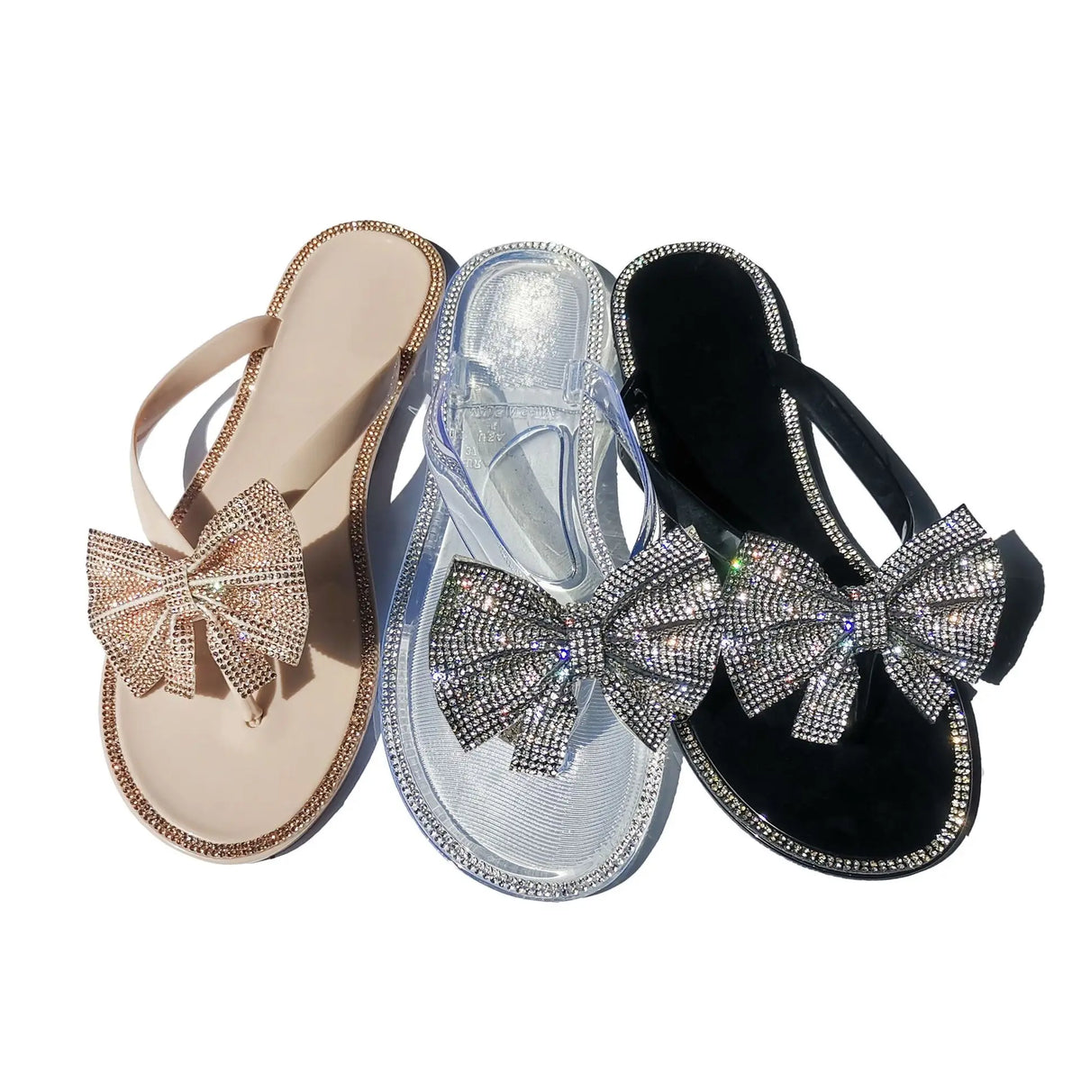2024 Spring/Summer New Large Size Flip Flops Women Bow Knot Rhinestones Outdoor Leisure Beach Flat Home Sandals/Slippers