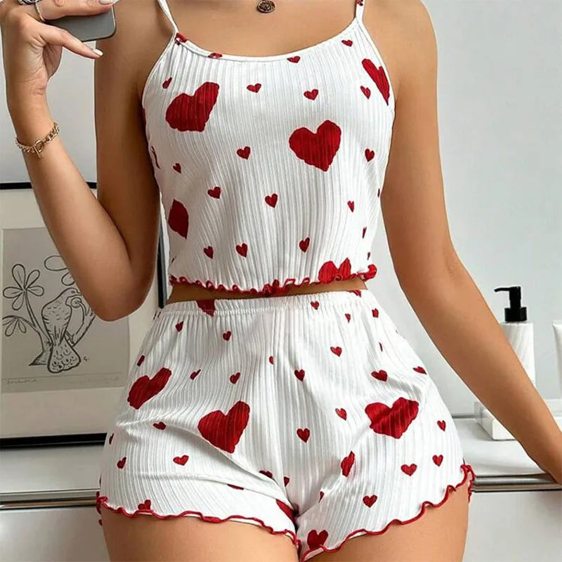 Cherry Temptation Home Love Print Flowing-Sleeve Short Pants for Casual Wearing, Women's Sleepwear Set