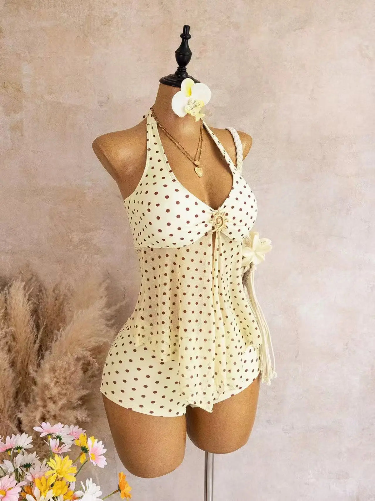 Vintage Yellow Polka Dot Print Bikini Set 2026 Women Metal Sun Ornament Mesh Tank Top High Waist Swimsuit Bathing Suit Swimwear
