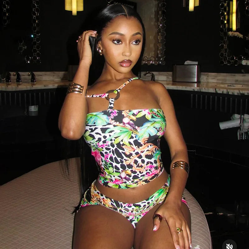 Sexy Nightclub Party Bikini Set with Irregular Round Buckle Printed Backless Short Tight Spring Summer Women's Lingerie Swimwear