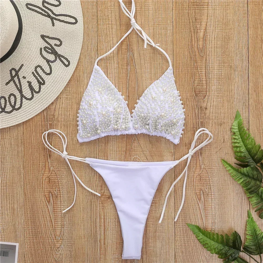 Pearl Bikini String Thong Swimsuit Kawaii Y2K Swimwear Trend Women Two Piece Bathing Suit Beachwear Bikinis Set Vacation Outfits