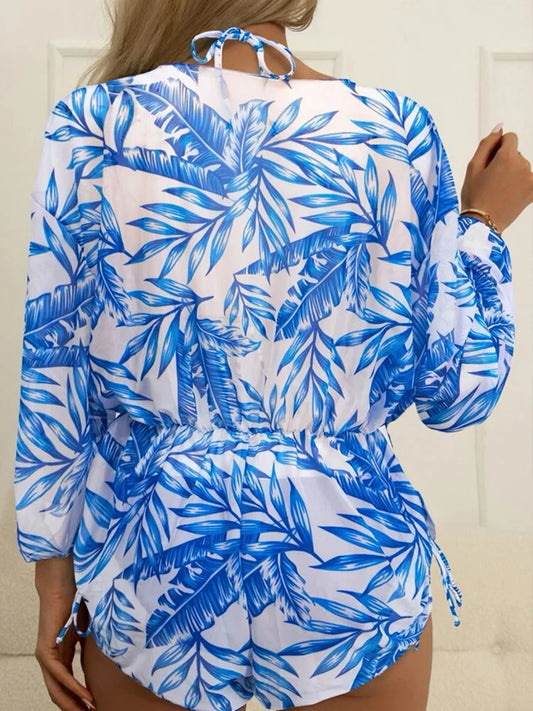 Sexy 3 Pieces Swimsuit Tropical Print Swimwear Halter Lace-Up Micro Bikini Set+Drawstring Cover Up Beachwear Tankinis
