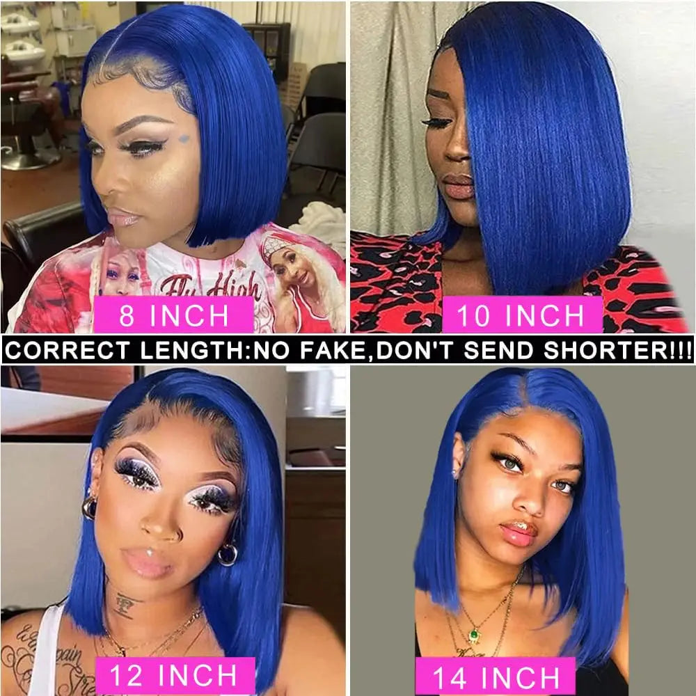 Short Bob Blue Colored 13X4 Lace Part Transparent Lace Peruvian Virgin Hair Wig For Women 100% Human Wig Straight Wig For Women