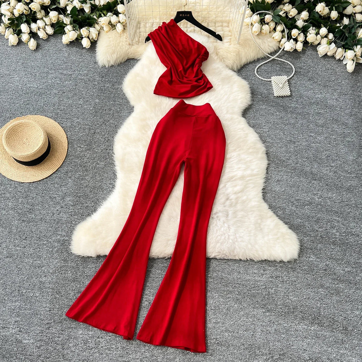 Chic Women Two-Piece Sets Vintage Diagonal Collar Sleeveless Pleated Top and High Waist Flare Pants Korean High Street Clothing