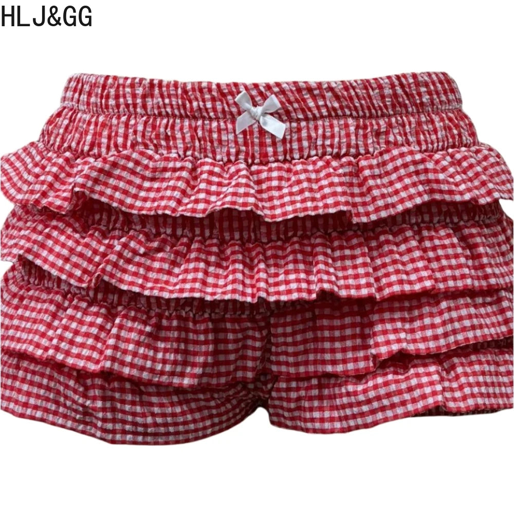 HLJ&GG Y2K Sweet Cherry Print Two Piece Sets Women Round Neck Sleeveless Slim Tank Top And Ruffle Plaid Shorts Outfit Streetwear
