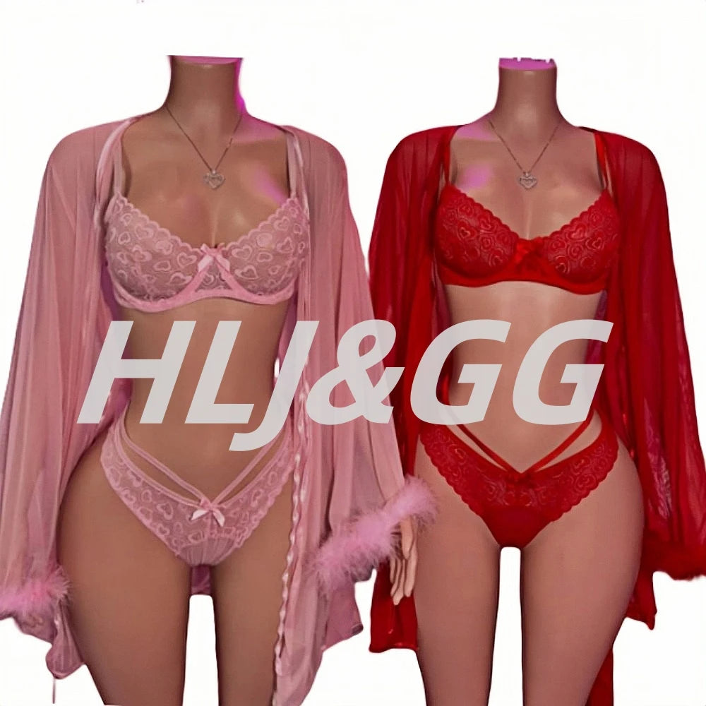 HLJ&GG Sexy Lace See Though 3 Pieces Home Nightgown Sets Women Bra + Thong + Feather Cuffs Long Sleeve Kimino Robe Outfits 2025
