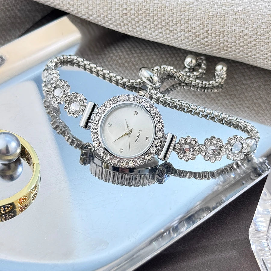 Foreign trade chalcedony bracelet watch set with diamond light luxury live new fashion quartz watch pull diamond women's watch