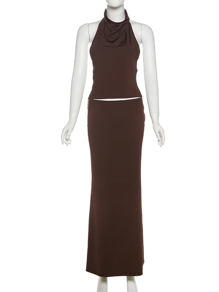 Weird Puss Simple Hollow 2 Piece Set Women Summer Halter Swing Collar Backless Crop Tops+Long Skirts Vacation Matching Outfits