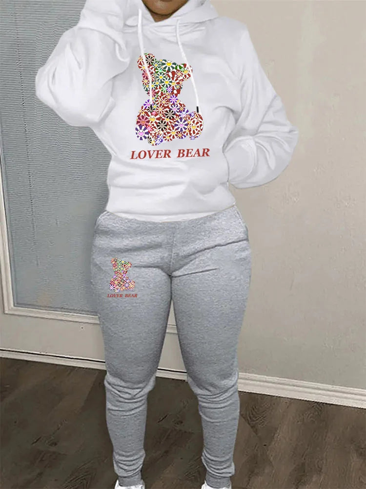 Women's Hoodies Sets Pants Suit 2 Piece Outfits 2025 New Letter Print Bear Aesthetics Sweatshirt and Sweatpants Womens Tracksuit