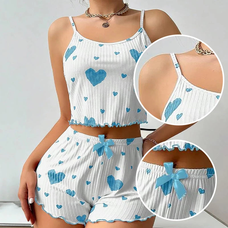 Cherry Temptation Home Love Print Flowing-Sleeve Short Pants for Casual Wearing, Women's Sleepwear Set