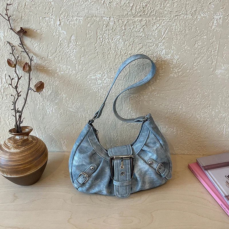 Vintage Tie-Dye Denim Underarm Bag Y2K Metal Buckle Pleated Commuting Versatile Handbag Crescent Small Shoulder Bag