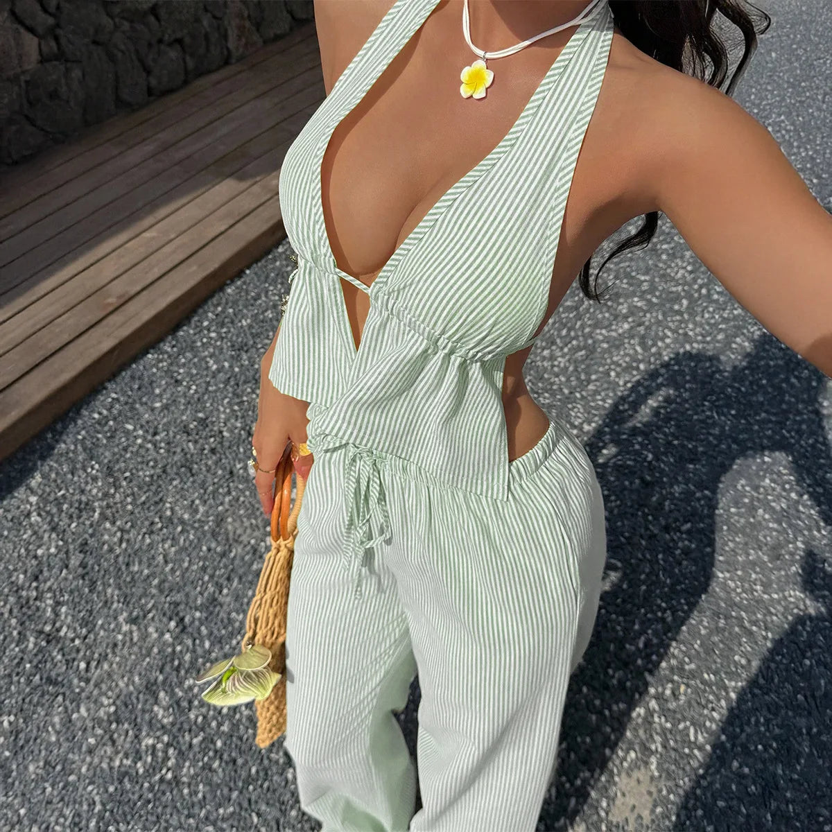 2026 Summer Hot Selling Neck Hanging Deep V-stripe Top and Elastic Waist Pants Two-piece Set for Women